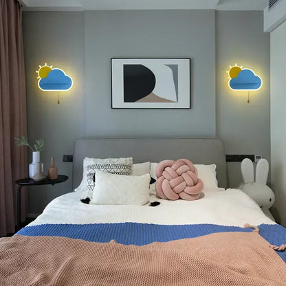 Modern cloud wall lamps with wooden pull chain – childrens bedroom