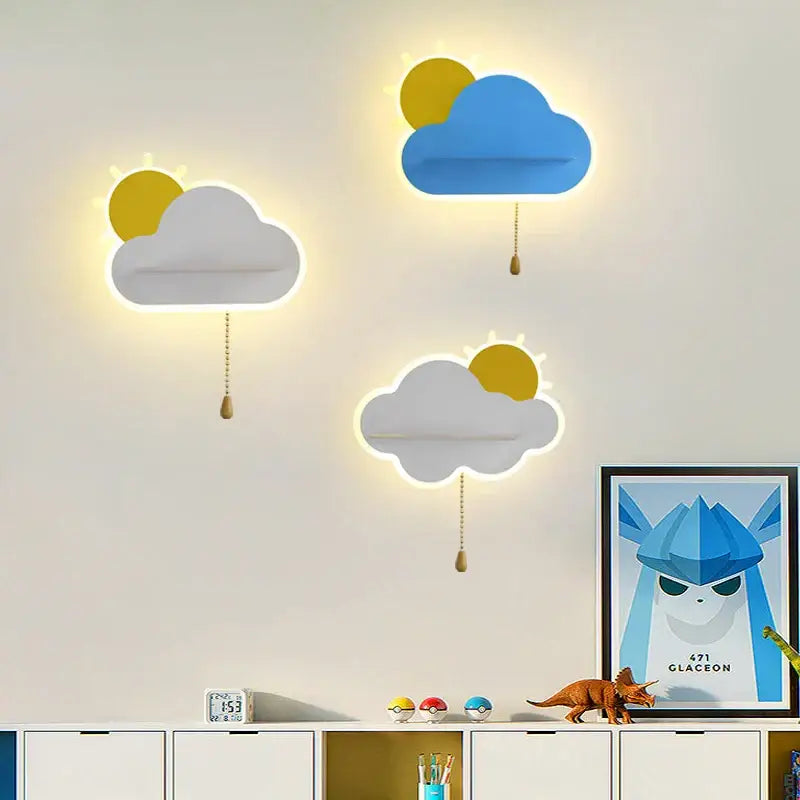 Modern cloud wall lamps with wooden pull chain – childrens bedroom