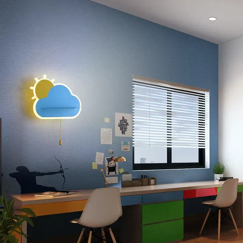 Modern cloud wall lamps with wooden pull chain – childrens bedroom