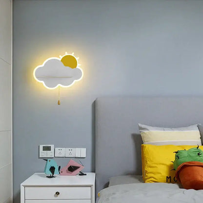 Modern cloud wall lamps with wooden pull chain – childrens bedroom