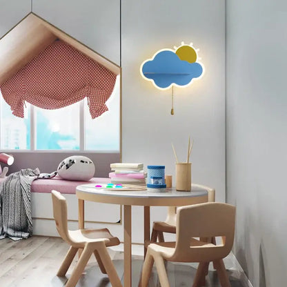 Modern cloud wall lamps with wooden pull chain – childrens bedroom