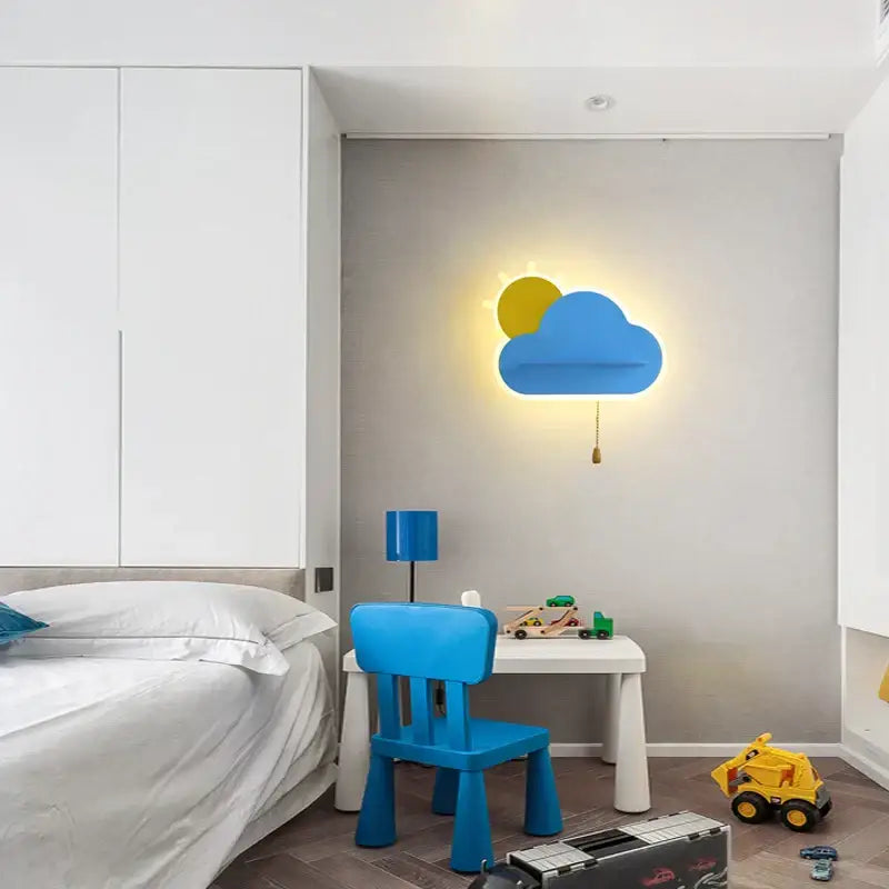 Modern cloud wall lamps with wooden pull chain – childrens bedroom