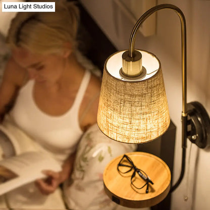 DecorBites™ Modern Conical Fabric Wall Mount Lamp with USB Port and Wood Rack