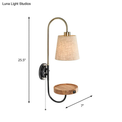 DecorBites™ Modern Conical Fabric Wall Mount Lamp with USB Port and Wood Rack