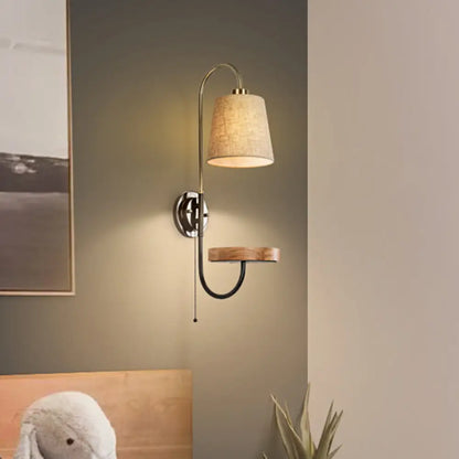 DecorBites™ Modern Conical Fabric Wall Mount Lamp with USB Port and Wood Rack