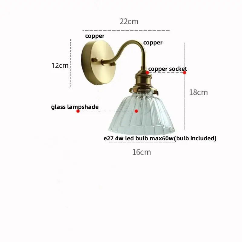 Modern copper wall sconce with clear glass bedroom pull chain light