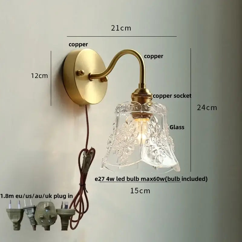 Modern copper wall sconce with clear glass bedroom pull chain light