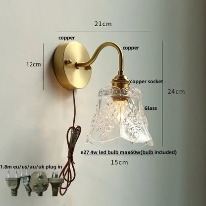 Modern copper wall sconce with clear glass bedroom pull chain light