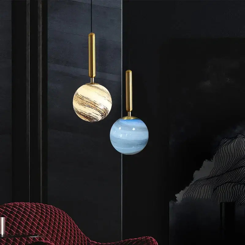 Modern cream & blue glass planet pendant light bedroom hanging lamp