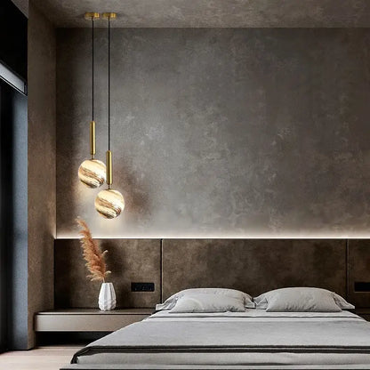 Modern cream & blue glass planet pendant light bedroom hanging lamp