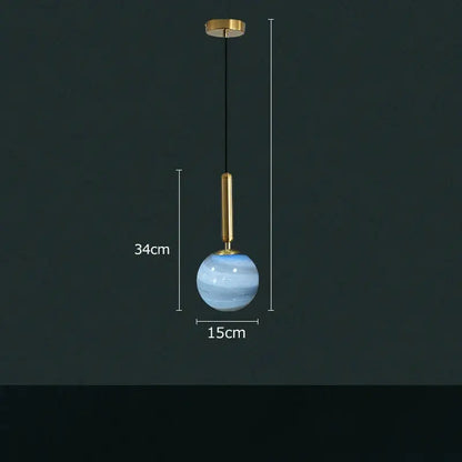 Modern cream & blue glass planet pendant light bedroom hanging lamp