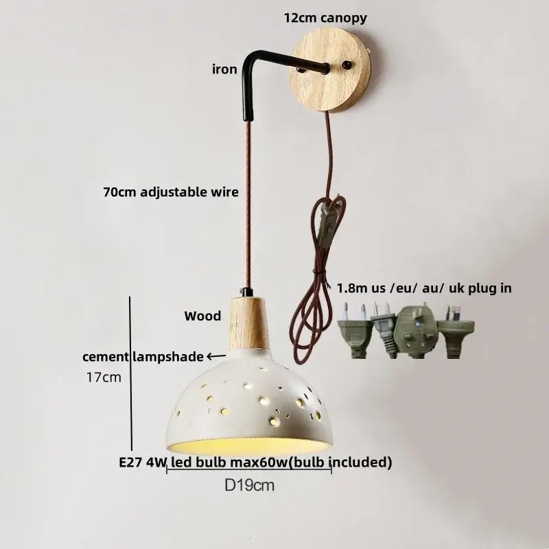 Modern cream ceramic and wood wall light bedroom pull chain switch