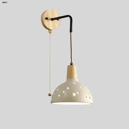 Modern cream ceramic and wood wall light bedroom pull chain switch