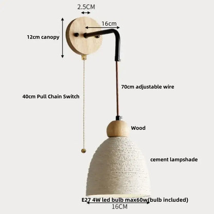 Modern cream ceramic and wood wall light bedroom pull chain switch