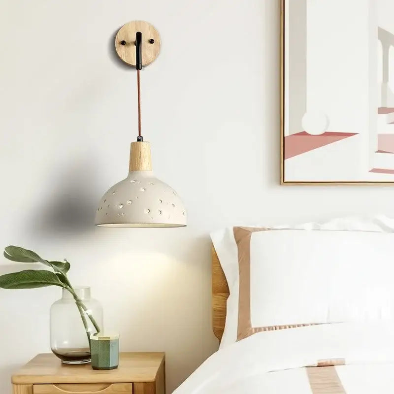 Modern cream ceramic and wood wall light bedroom pull chain switch