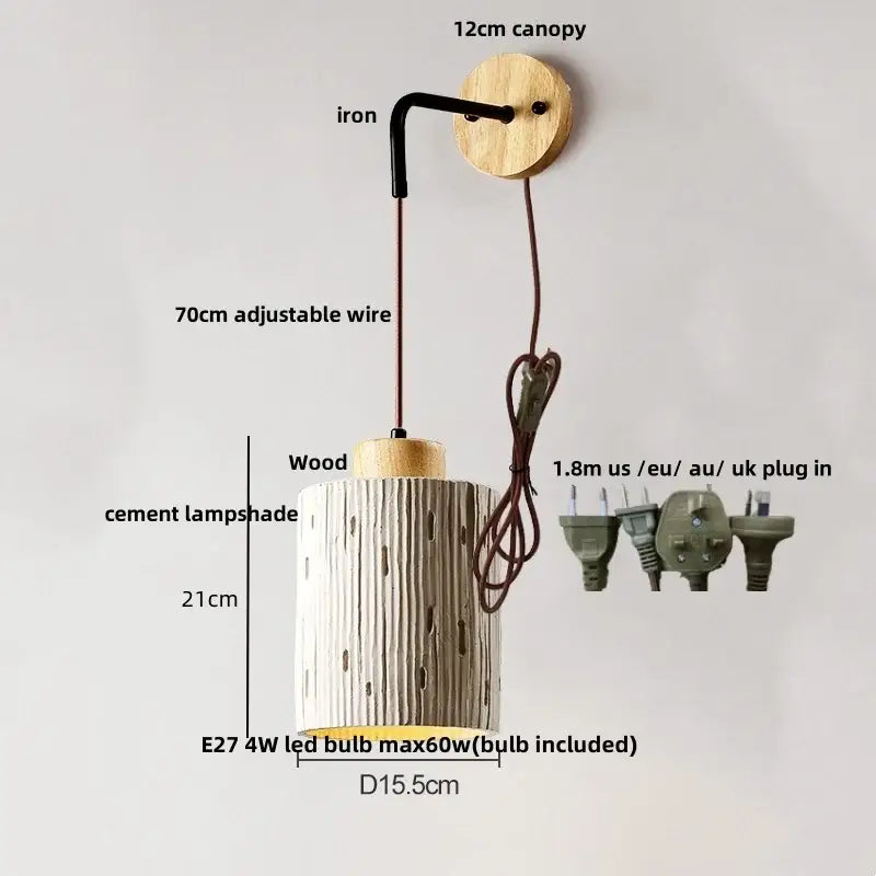 Modern cream ceramic and wood wall light bedroom pull chain switch