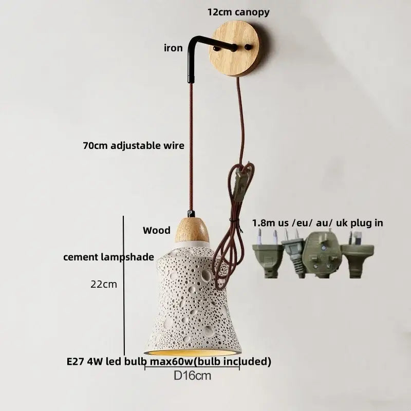 Modern cream ceramic and wood wall light bedroom pull chain switch