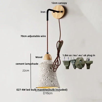 Modern cream ceramic and wood wall light bedroom pull chain switch
