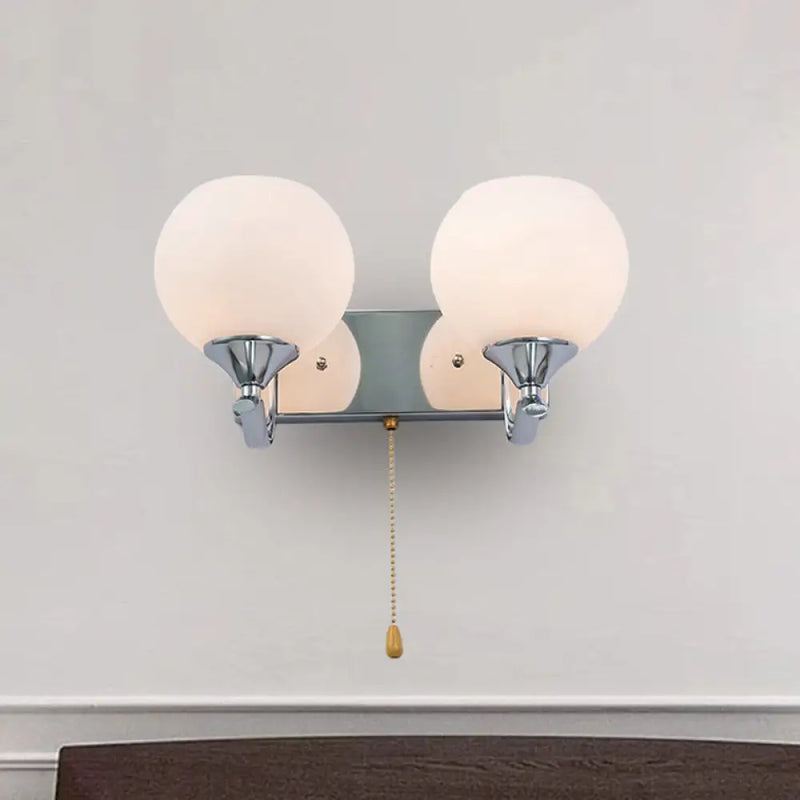 DecorBites™ Modern Cream Glass 2-Head Wall Mount Light Fixture with Pull Chain - Chrome Wall Lamp