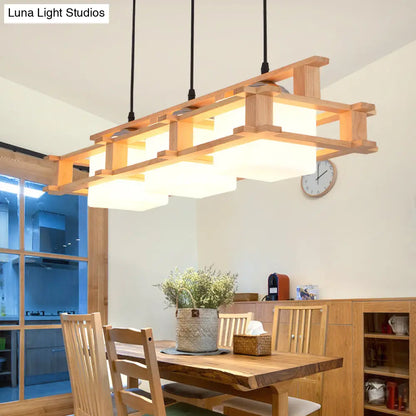 DecorBites™ Modern Cream Glass Cube Pendant Light with 3 Wooden Heads