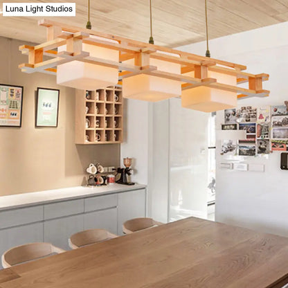 DecorBites™ Modern Cream Glass Cube Pendant Light with 3 Wooden Heads