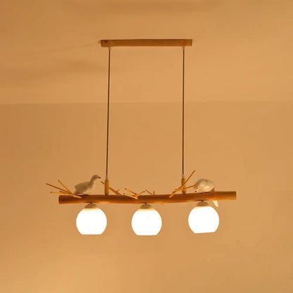 DecorBites™ Modern Cream Glass Wood Pendant Light with White Bird Deco - Dome Island Fixture