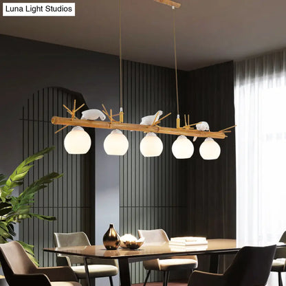 DecorBites™ Modern Cream Glass Wood Pendant Light with White Bird Deco - Dome Island Fixture