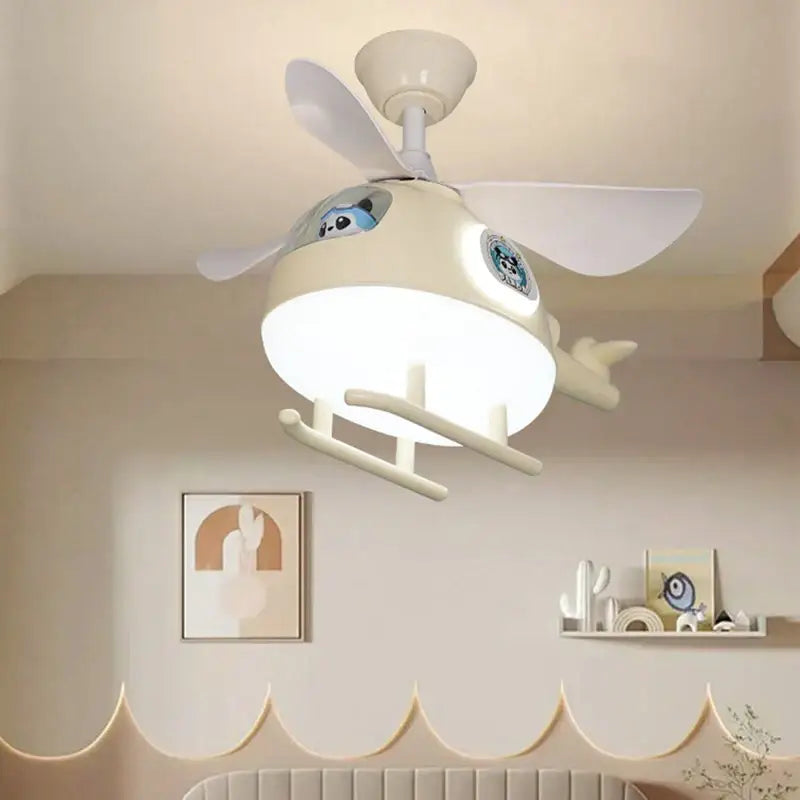 Modern cream helicopter ceiling fan lights kids bedroom panda design