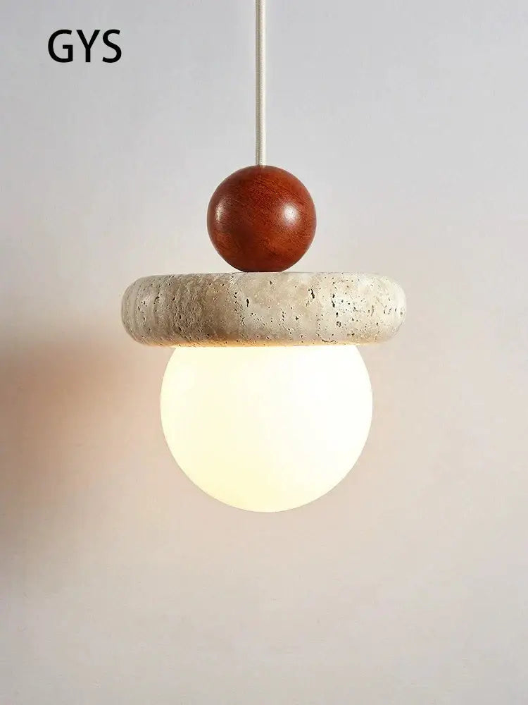 Modern cream stone wood globe pendant light for bedroom