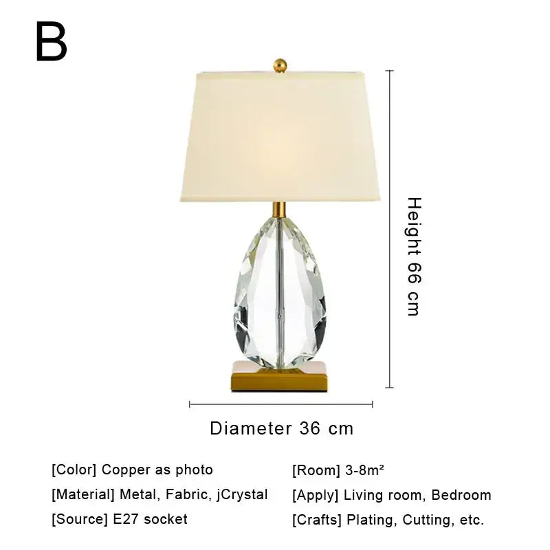 Modern crystal bedside lamp with white fabric shade bedroom light