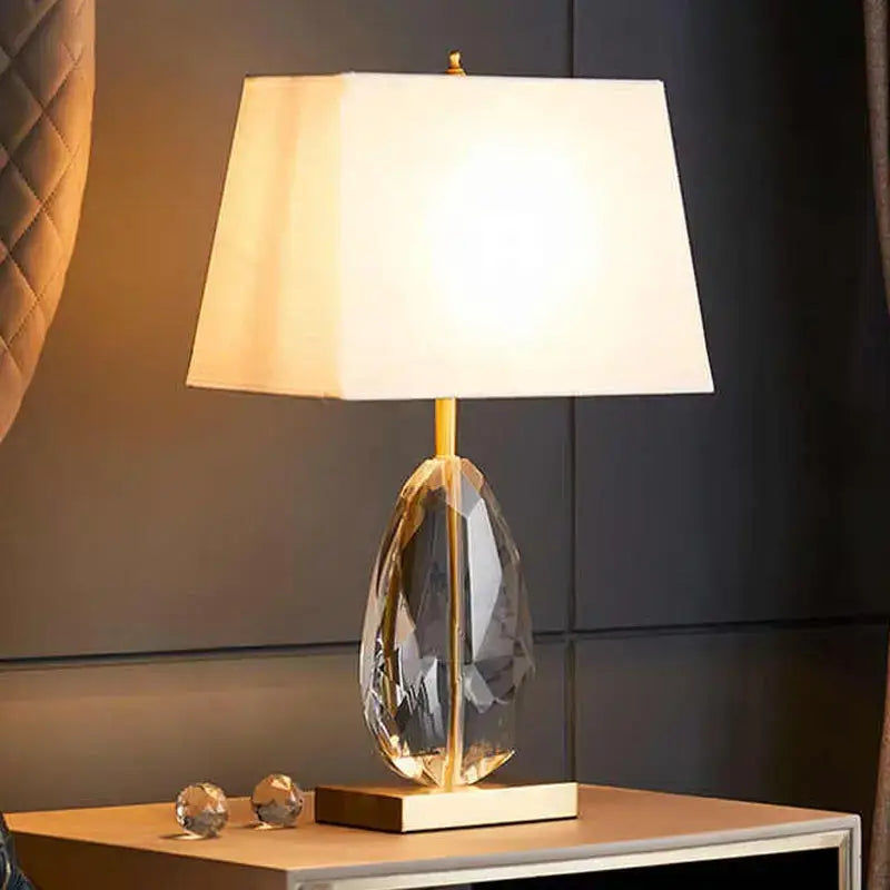 Modern crystal bedside lamp with white fabric shade bedroom light
