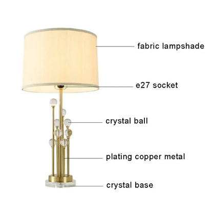 Modern crystal bedside lamp with white fabric shade bedroom light