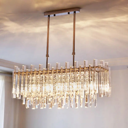 DecorBites™ Modern Crystal Block 5-Light Chrome Chandelier - Rectangular Hanging Light Fixture for Dining Room