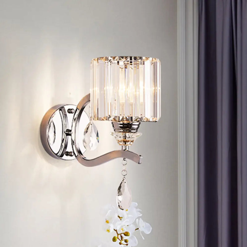 DecorBites™ Modern Crystal Block Cylinder Wall Sconce in Chrome - Bedroom Wall Light Fixture