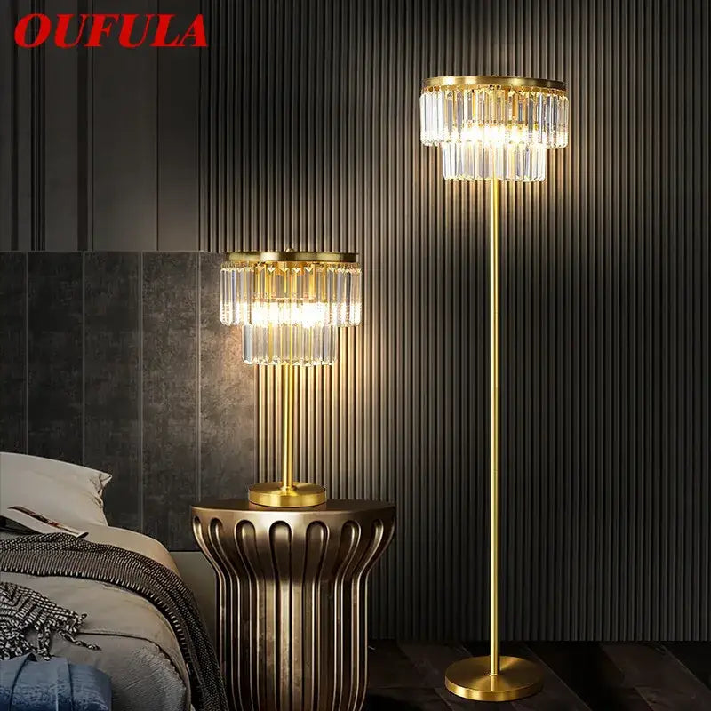 Modern crystal brass floor lamp living room tiered gold light
