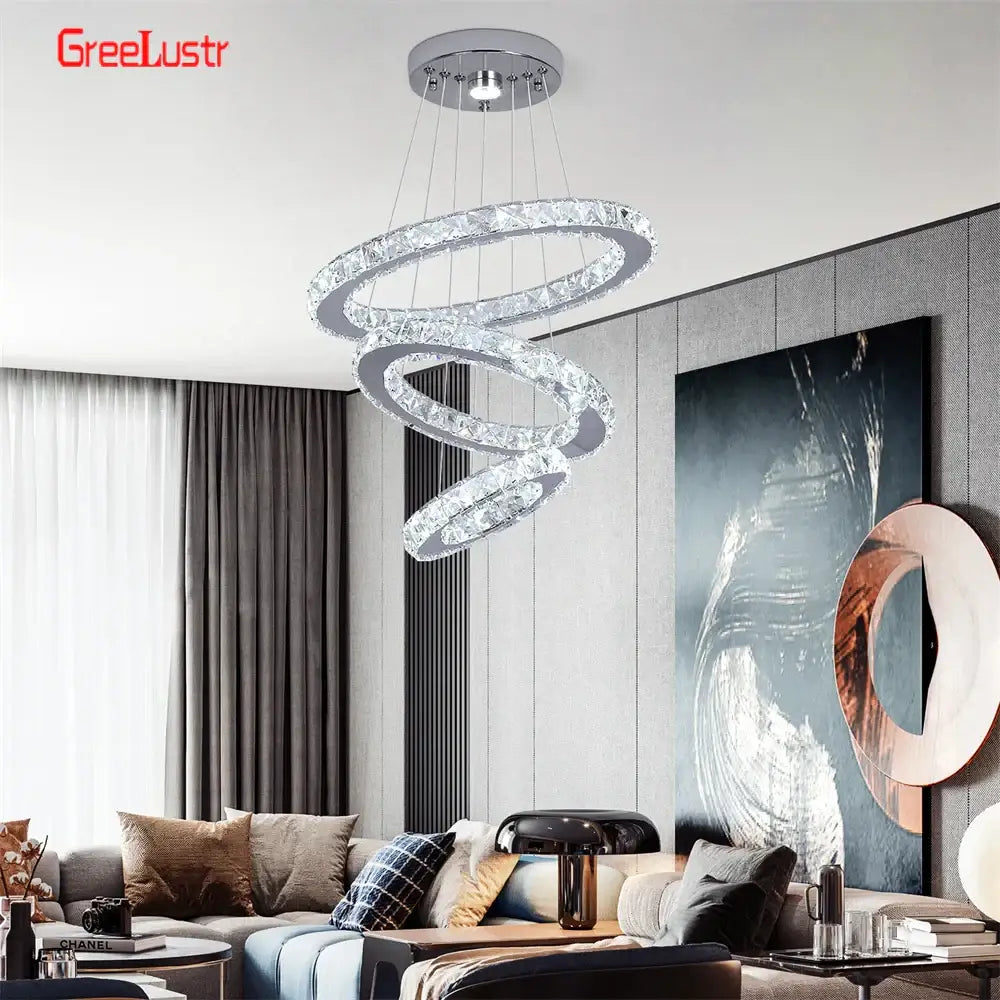 Modern crystal chrome led pendant light rings chandelier living room