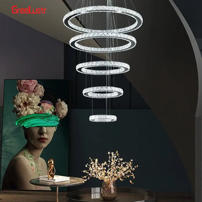 Modern crystal chrome led pendant light rings chandelier living room