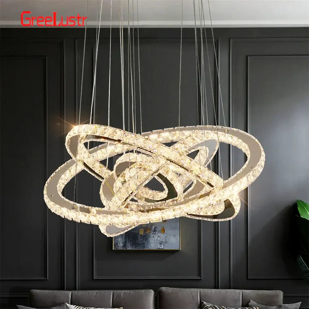 Modern crystal chrome led pendant light rings chandelier living room