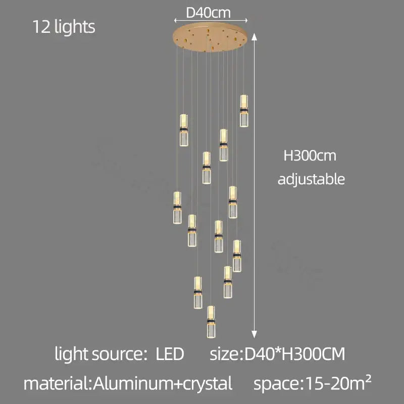 Modern crystal columnar chandelier stairwell cascading glass light
