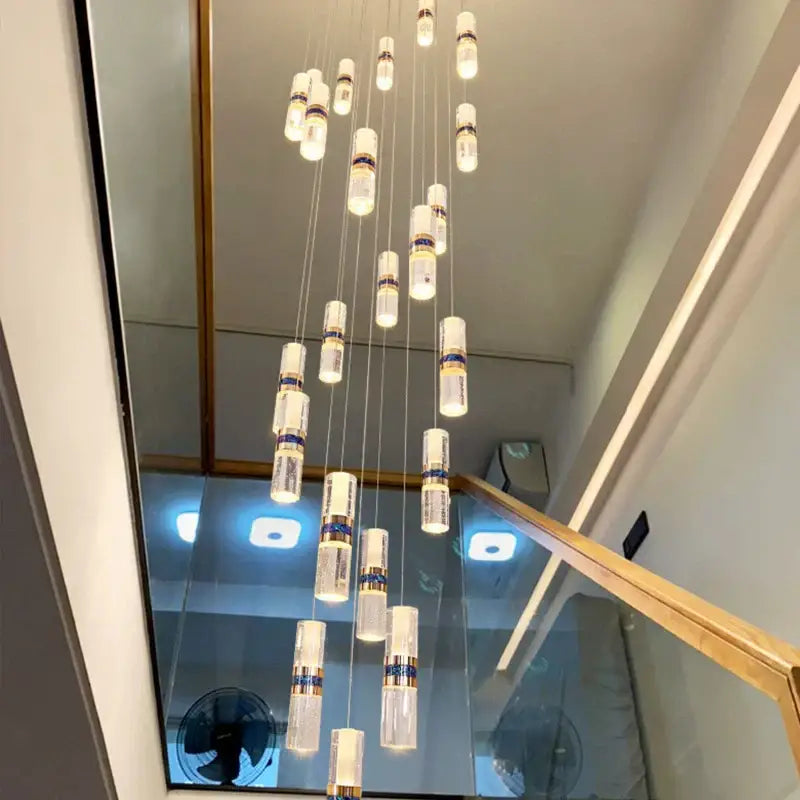 Modern crystal columnar chandelier stairwell cascading glass light