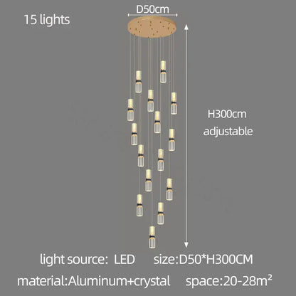Modern crystal columnar chandelier stairwell cascading glass light