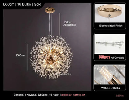 Modern crystal dandelion led ceiling chandelier for living room