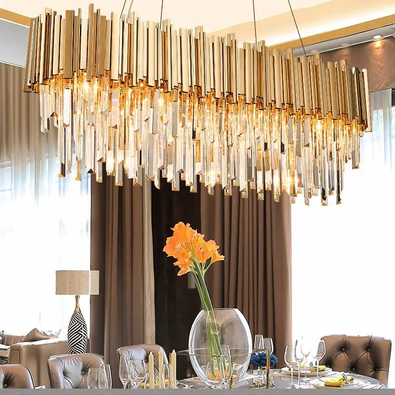 Modern crystal gold metal led pendant lights dining room rectangular