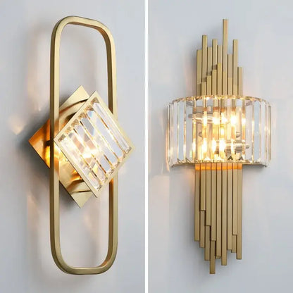 Modern crystal gold wall lamp bedroom sconce with glass shade