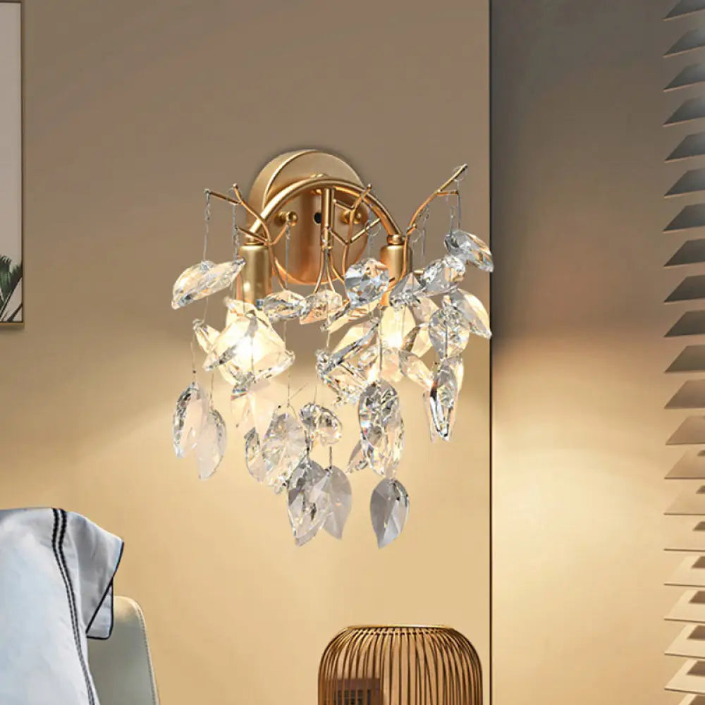 DecorBites™ Modern Crystal Leaf Wall Sconce with Gold Finish - 2 Bulbs for Porch Lighting