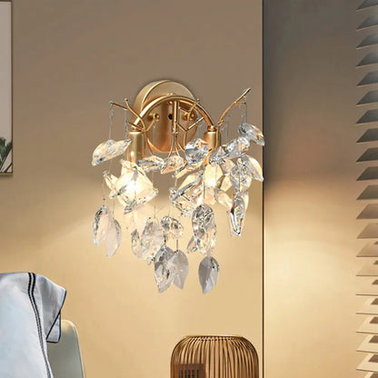 DecorBites™ Modern Crystal Leaf Wall Sconce with Gold Finish - 2 Bulbs for Porch Lighting