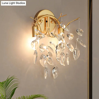 DecorBites™ Modern Crystal Leaf Wall Sconce with Gold Finish - 2 Bulbs for Porch Lighting