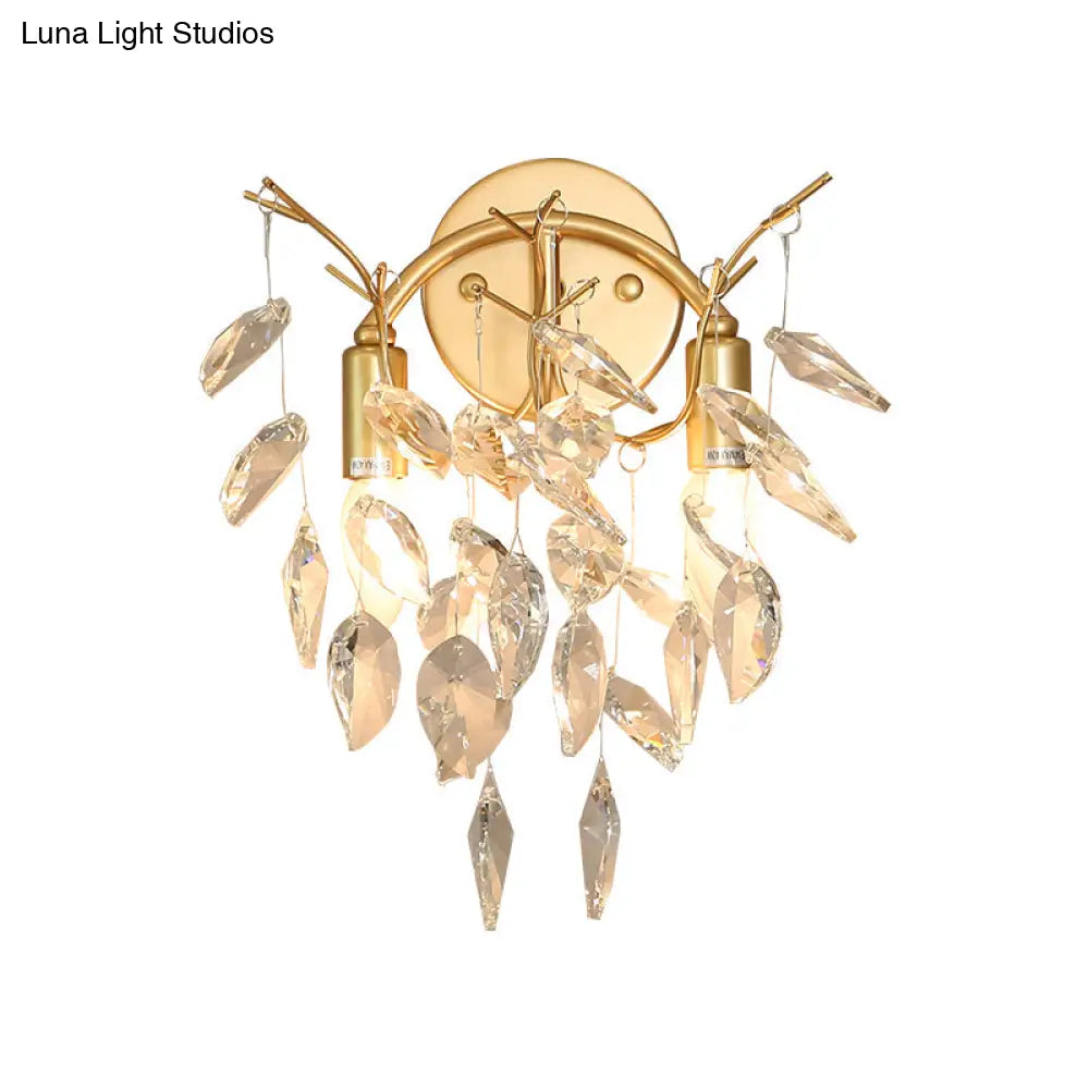 DecorBites™ Modern Crystal Leaf Wall Sconce with Gold Finish - 2 Bulbs for Porch Lighting