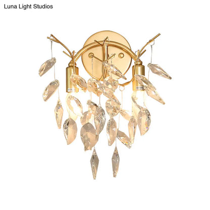DecorBites™ Modern Crystal Leaf Wall Sconce with Gold Finish - 2 Bulbs for Porch Lighting
