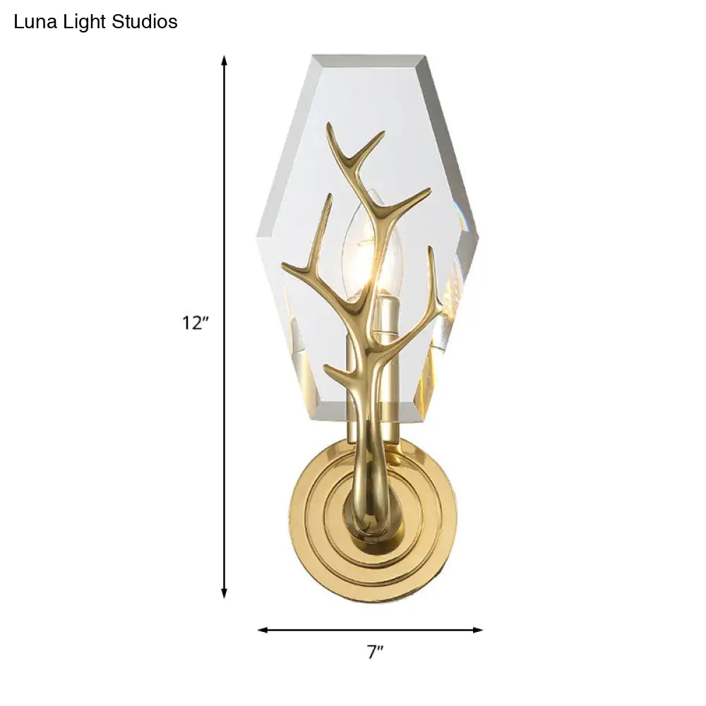 DecorBites™ Modern Crystal Panel Sconce Light Fixture - Clear 1-Light Wall Mounted Lamp with Antler Deco